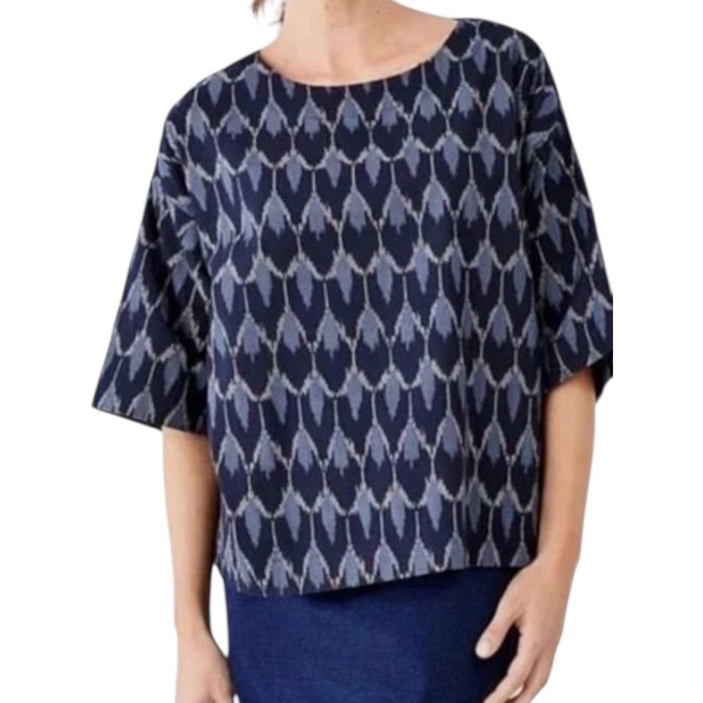 Pure Jill Blue Ikatā Print 3/4 Sleeve Boat Neck Oversized Lagenlook Top Blouse M